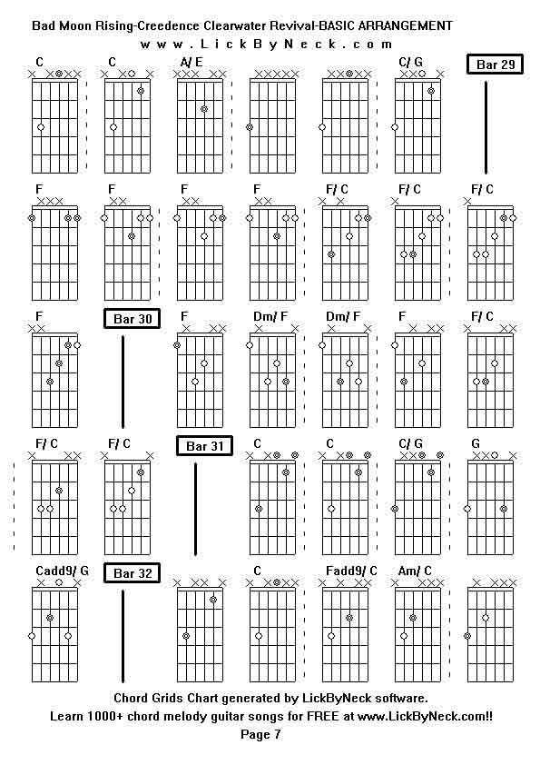 Chord Grids Chart of chord melody fingerstyle guitar song-Bad Moon Rising-Creedence Clearwater Revival-BASIC ARRANGEMENT,generated by LickByNeck software.